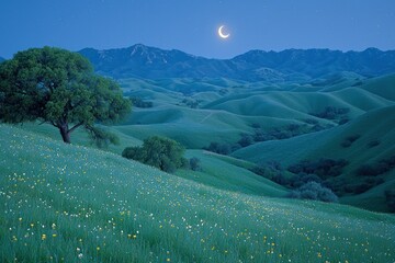 A crescent moon hangs over rolling hills blanketed in wildflowers.  A lone oak tree stands sentinel on a grassy slope.  Soft light bathes the landscape in a tranquil, bluish-green hue