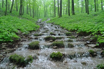A cascading stream flows down a stone pathway in a lush forest