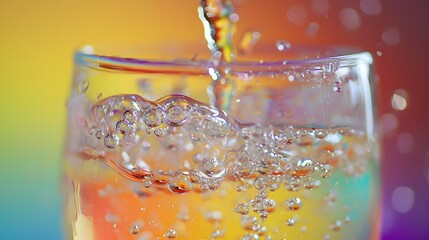 Bubbles Rising in a Clear Glass with Vibrant Rainbow Background