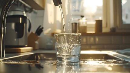 Fresh Water Pouring into Glass on Kitchen Counter at Sunrise
