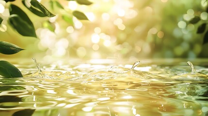 Sunlit Water Ripples with Green Leaves and Soft Bokeh Background