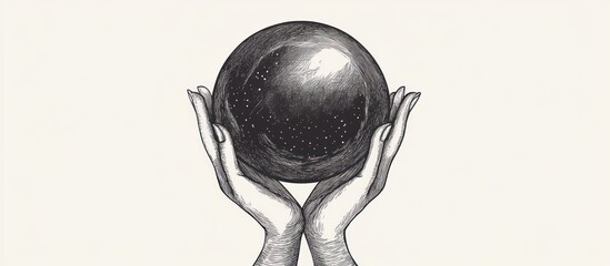 Sketch illustration of human hands holding an orb filled with stars, universe