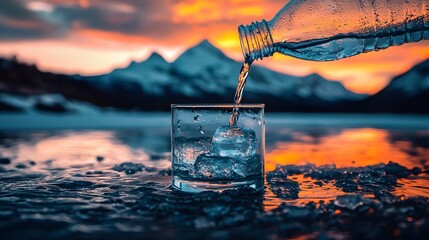 Refreshing Water Poured into Glass with Mountain Sunset Background