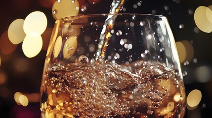 Refreshing Sparkling Drink Pouring Into Glass with Bokeh Background