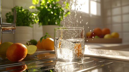 Fresh Water Splashing into Glass Surrounded by Fruits in Kitchen