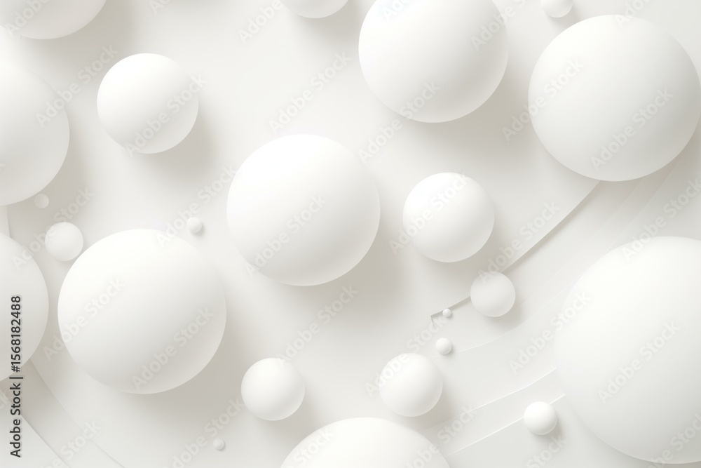 Poster multiple white spheres of varying sizes rest on a white surface with subtle crevices, creating a min