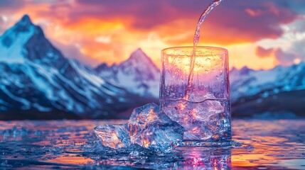 Sparkling Water with Ice in Glass Against a Mountain Sunset Background