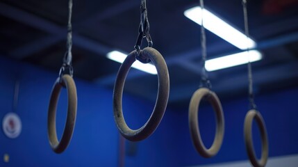 Gymnastic rings suspended against a deep blue wall in a modern fitness space