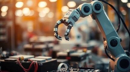 Fototapeta premium Robotic arm precisely assembles circuit