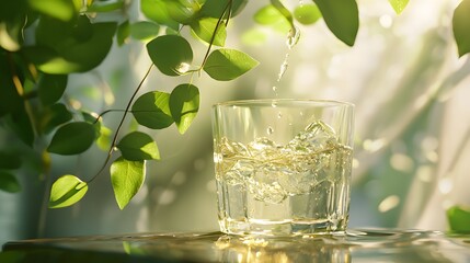 Refreshing Glass of Water Surrounded by Vibrant Green Leaves