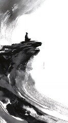 minimalist abstract black and white ink mountain landscape watercolor brush stroke zen art