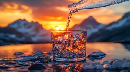 Refreshing Water Poured into Glass with Ice Cubes at Sunset