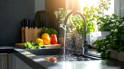 Bright Kitchen Sink with Fresh Herbs and Vegetables in Natural Light