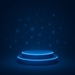 Illuminated Podium in Dark: A sleek, futuristic podium bathed in cool blue light, offering a stage for presentation or display against a deep dark backdrop, symbolizing prominence and innovation.