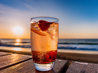 Refreshing Italian soda drinks with fruit toppings photographed at the beach during golden hour