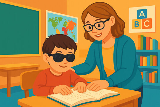 Young Boy with Visual Impairment Reading Braille with Teacher – Educational Vector Illustration - Powered by Adobe