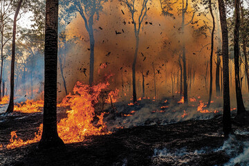 Forest fire with burning dry grass and trees in woodland area, thick smoke and bright flames during natural disaster