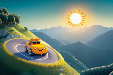 Cute yellow car driving on mountain road, 3D rendering with scenic landscape and clear sky, travel and adventure concept