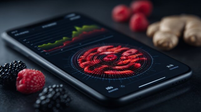 smartphone app with fruit scanning feature, AI-powered nutrition analyzer, food tech UI