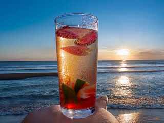 Eighteen Italian soda drinks with vibrant colors and beach sunset backgrounds in a lifestyle collage