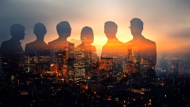 Business team overlooking city skyline at sunset