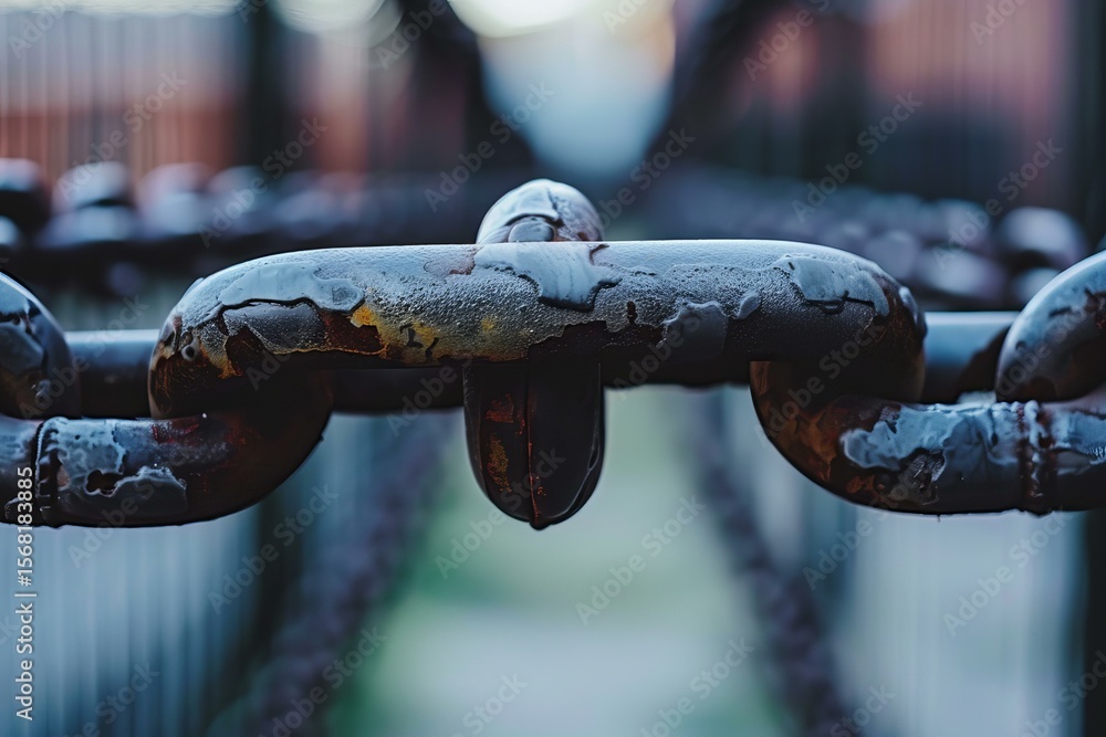 Poster close up of a rusty chain hanging with a blurred background