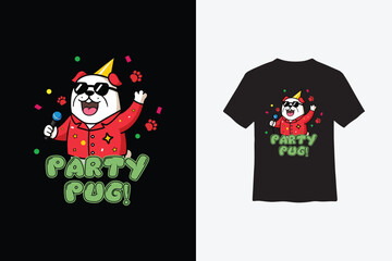 Vector Party Pug T-Shirt, Cute Singing Dog Cartoon Design for Dog Lovers & Kids