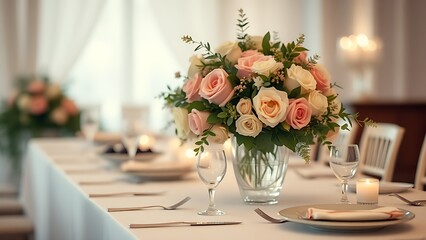 Elegant wedding buffet table with floral centerpiece in soft pastel tones.