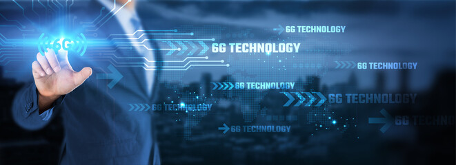 Hand interacts with glowing 6G icon, symbolizing next-gen wireless technology. Digital elements...