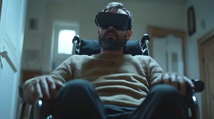Man in a wheelchair wearing virtual reality headset.