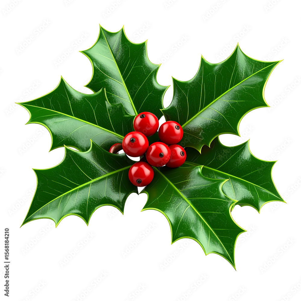 Poster green holly leaf cluster with smooth red berries 3d rendering on transparent background