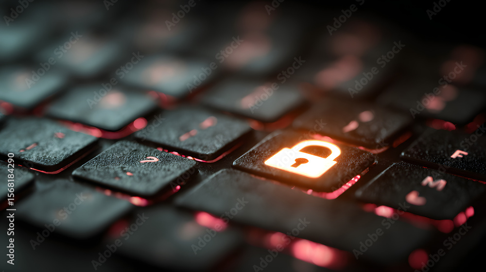 Aufkleber cybersecurity: digital lock on illuminated keyboard