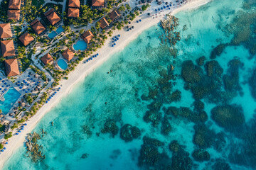 Aerial view of beautiful tropical beach and blue sea with coconut palm trees on paradise island with white sand and clear water in summer sunny day