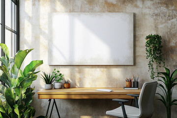 Interior of modern office with concrete walls and floor, wooden computer table, white chairs and vertical mock up poster frame in natural lighting