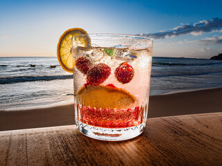 Italian soda drinks served in clear glasses with ocean views and fruit toppings in a photo grid