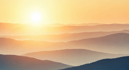 Serene watercolor landscape of a golden sunrise over misty mountains. Soft gradients of orange, gold, and sky blue create a tranquil, atmospheric scene ideal for August morning themes.