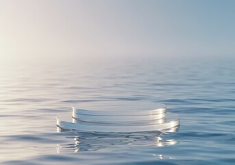 A minimalist glass pedestal floats on water under a gradient sky, creating a calm and serene scene.