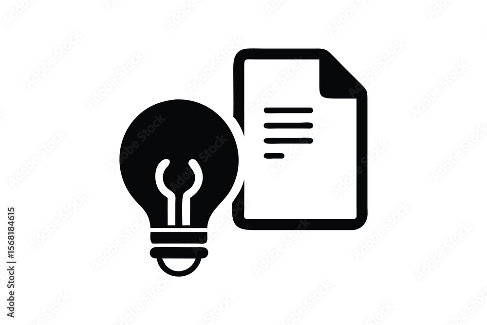 Poster a simple black and white vector illustration of a glowing light bulb next to a document icon represe
