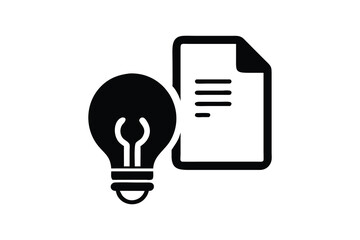 A simple black and white vector illustration of a glowing light bulb next to a document icon representing a new idea or concept