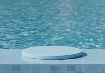 A minimalist product display podium on a tiled surface near a tranquil pool of water.