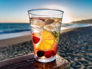 Italian soda drinks with mint leaves and citrus slices photographed at the beach during sunset