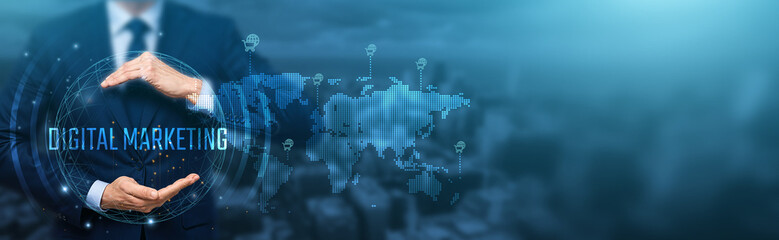 Businessman showcasing worldwide marketing strategy.