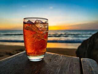 A vibrant grid of Italian soda beverages with fruit garnishes and ocean horizon backgrounds