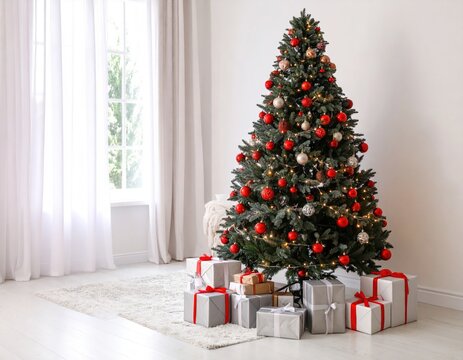 Christmas tree in living room with gifts