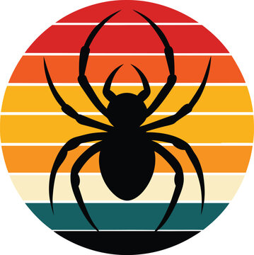 Spider silhouette on retro vintage striped sunset