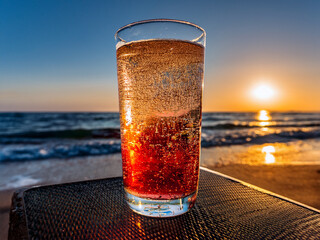A lifestyle collage of Italian soda drinks with fruit toppings and scenic ocean views