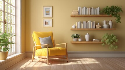 Cozy corner with yellow armchair, wooden shelves, and plants. Sunlight streams in