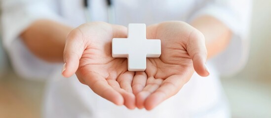 A doctor holding a white cross in hands, symbolizing healthcare and support