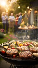 Backyard BBQ with friends. Blurry group enjoying a summer evening gathering, with a focus on grilling burgers and vegetables on a hot charcoal grill