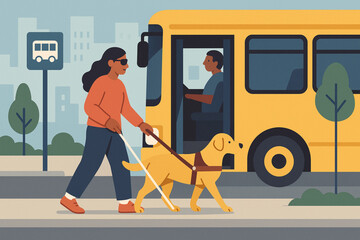 Woman with Guide Dog Boarding City Bus – Inclusive Urban Flat Vector Illustration